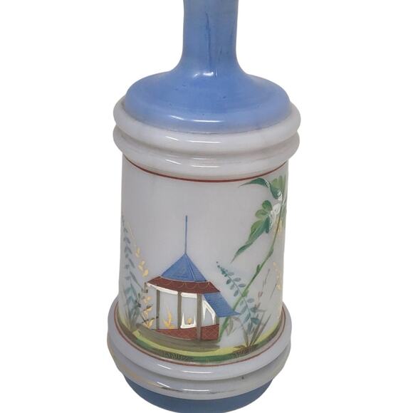 Vintage Hand Blown Bottle Hand Painted Blue & Gold Art Glass with Stopper - Picture 4 of 12